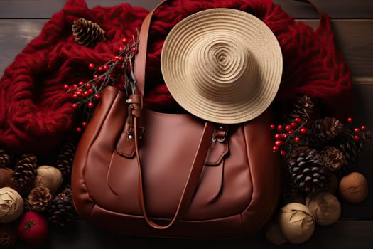 a brown bag with a straw hat on it and some pine cones in the background photo is taken from above