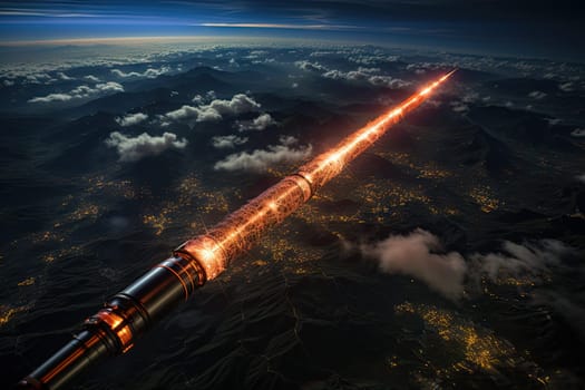 a rocket flying in the sky with lights on it's side and some clouds below, as seen from an airplane window