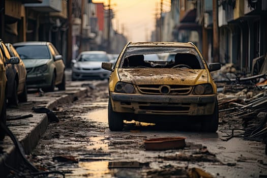 a car that is in the middle of a street with debris all over it and cars parked on both sides