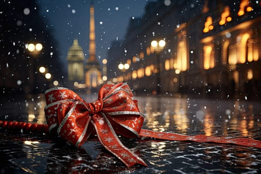 a red bow on top of a black car with snow falling from the roof and buildings in the background at night