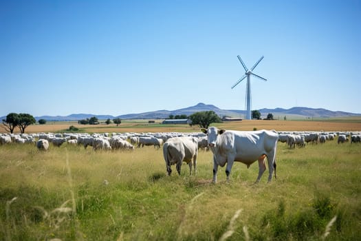 cows grazing in a field with a wind turbine in the distance and hills in the background on a sunny day