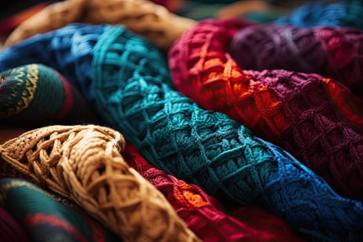 many different colored yarns on a table with one in the center and another in the middle, as if it's not