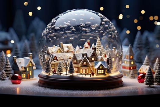 a snow globe in the shape of a house with christmas trees and lights around it on a dark blue background