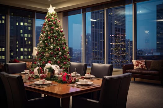 a christmas tree in the middle of a room with chairs and a table set up for two people to eat