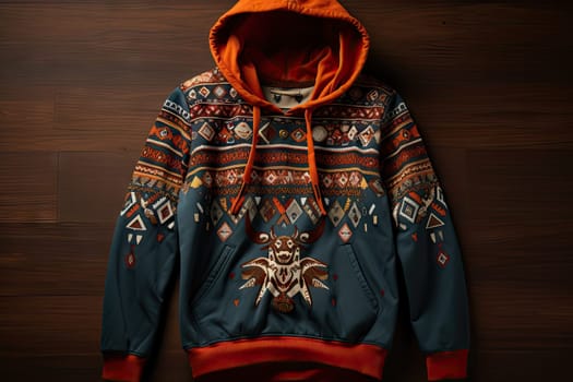 a hoodie on a wooden floor with a wood wall in the background and an orange hoodie over it