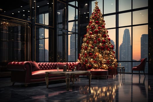 a living room with a christmas tree and red couches in front of a large window looking out to the city