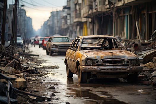 an old car in the middle of a dirty street with debris all around it and cars parked on the side