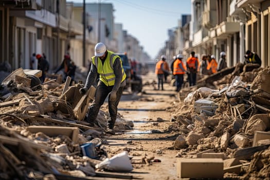 a construction worker standing in the middle of a street littereded with debris and junks on the side of the road