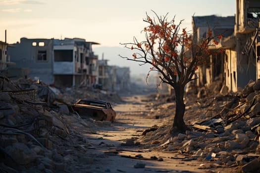 a tree that is in the middle of an old city with rubbles and debris all around it on a sunny day