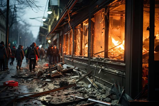 people walking down the street in front of a building that has been gut by fire and debris on the ground