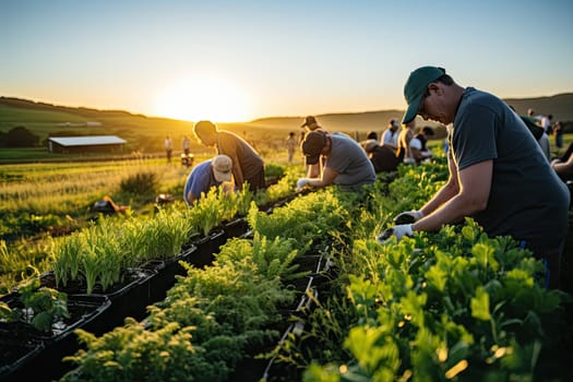 some people working in the sun setting behind them is a field full of lettues with plants and seedlings