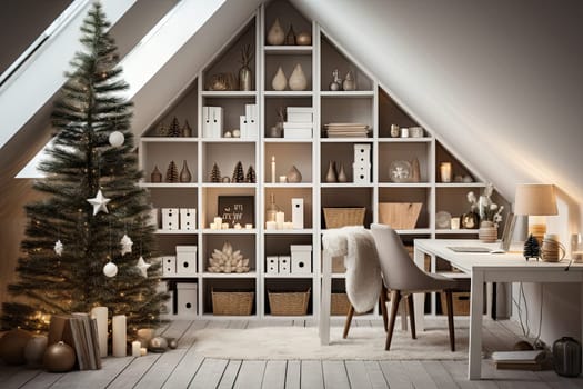 a home office with a christmas tree in the corner and lots of decorations on the shelfs, shelves and desk