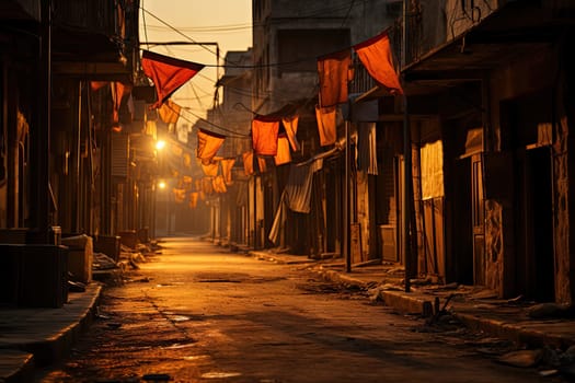 a city street at night with the sun setting on the buildings and flags hanging over the alleys in the area