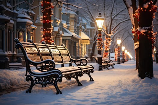 a bench in the middle of a snow covered street with christmas lights hanging from trees on either side of it