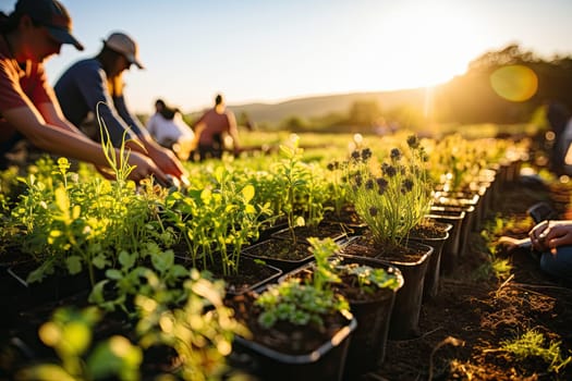some people tending plants in the field with sun shining on the sky behind them and one person holding a plant