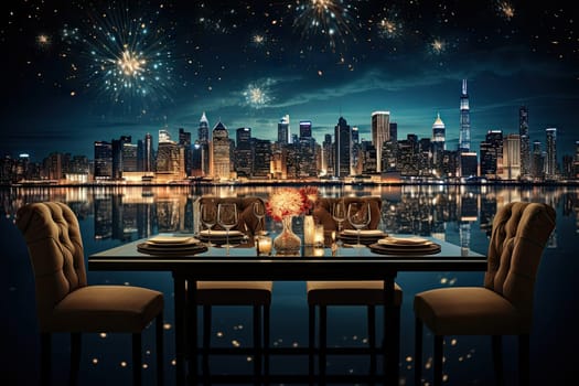 two chairs at a table in front of a city skyline with fireworks on the night sky and stars above them