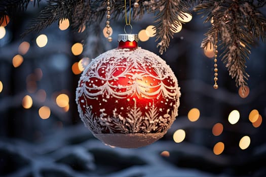a red christmas ball hanging from a tree with lights in the background and snow flakes on it's branches