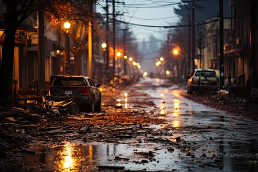a city street that has fallen leaves on the ground and buildings in the background are lit by lights from lanterns
