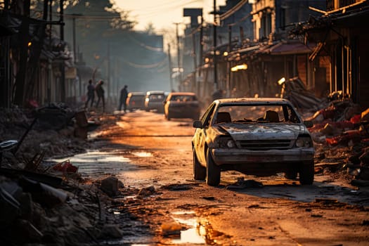 a car that is sitting in the middle of a street with debris all around it and people walking on the side