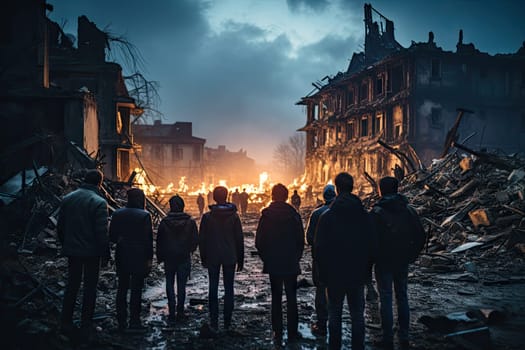 people standing in front of destroyed buildings at night, with the sun shining through the clouds and building rubbles