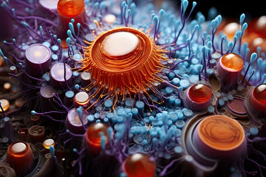 an orange object surrounded by many blue and purple objects in the image is made up of multiple different colored shapes