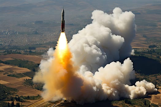 a rocket taking off into the air with smoke coming from it and buildings visible in the distance behind, on a sunny day
