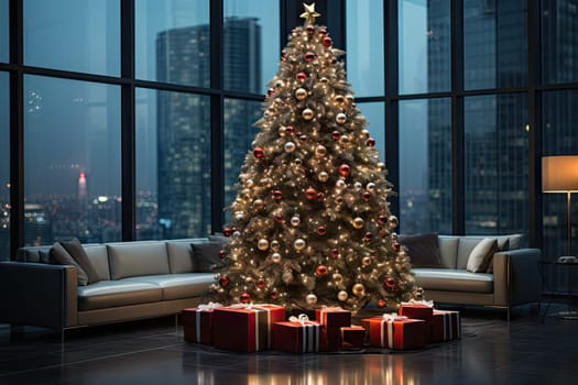 a living room with a christmas tree in the center and presents on the floor next to the couches,