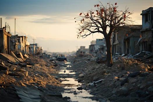 a tree that is in the middle of a dirty street with debris all over it and buildings on both sides