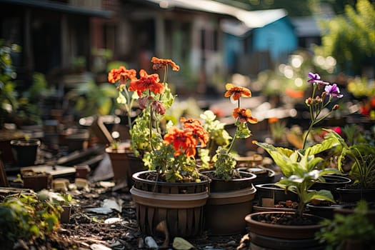some pots with flowers in them on the ground next to an old building and dilapidated looking house behind it