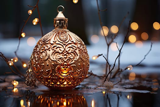a christmas orname with lights in the background and some branches on the ground to the right, as if it's not