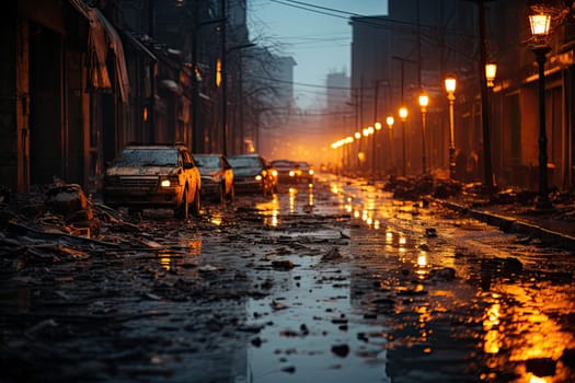 a city street at night, with cars parked on the side of the road in the fore - lit by lights