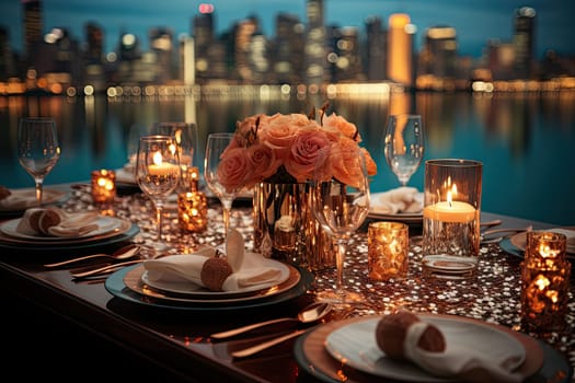 a table setting in front of a city skyline at night time with lit candles and flowers on the place settings