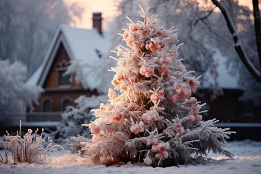 a snow covered christmas tree in front of a house with the sun shining through the frosty branches on it