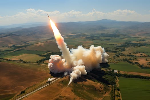 a rocket launching into the sky with mountains in the distance and hills in the fore - fire area behind it