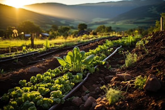 some green plants growing in the ground with mountains in the background and sunlight shining through the trees to the horizon
