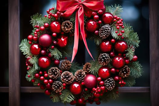 a christmas wreath with pine cones and red balls hanging on a wooden window sie in the background is blurred