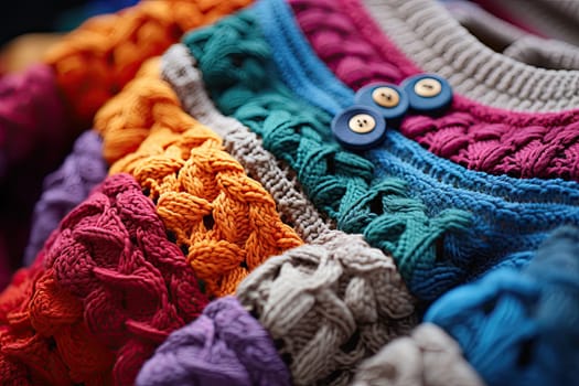 many different colored knits on a table with one button in the middle and two buttons at the other end