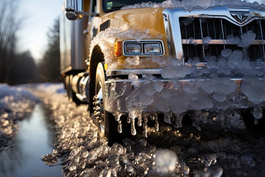 a truck that is covered in ice and ice on the side of the road as it drives through some icy water