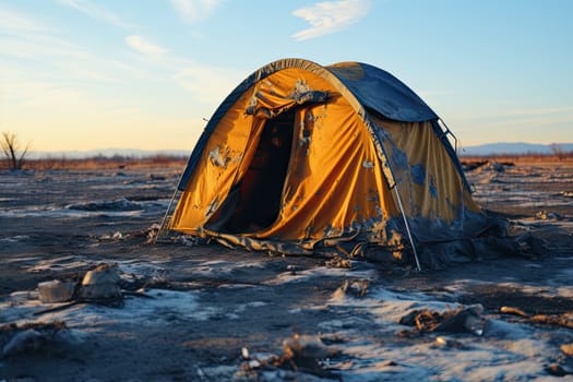 a yellow and black tent in the middle of an open field with no grass or rocks on the ground at sunset