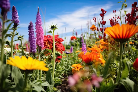 wildflowers and other flowers in a field on a sunny day with blue skies above the clouds behind them