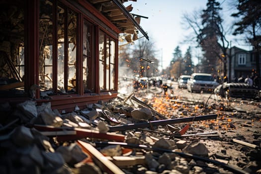 debris on the ground in front of a building with cars and buildings in the background that have been vandaled