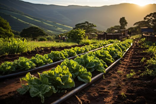 some plants that are growing in the ground with mountains in the background and sun shining on the horizon behind them