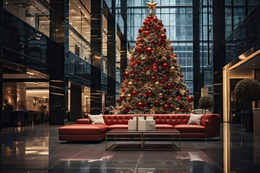 a living room with a christmas tree in the middle and red couches on the other side of the room