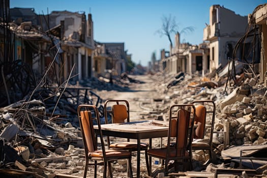 two chairs sitting at a table in the middle of an old building that has been destroyed and is being demolished