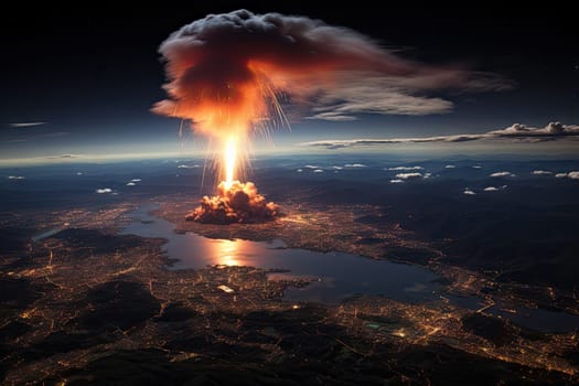 an exploding volcano in the sky over a city at night with clouds and bright lights, as seen from above