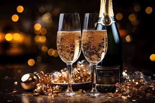 two glasses of champagne and a bottle of sparkling wine on a table with gold cons around it in the background