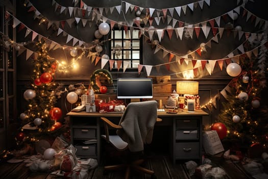 a home office decorated for christmas with decorations and garlands on the wall above it, there is a computer sitting on a desk