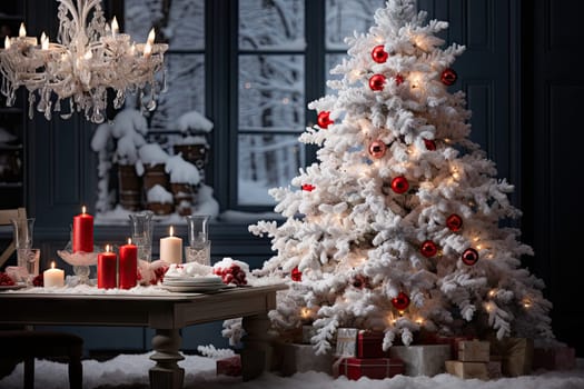 a white christmas tree with red ornaments and candles in front of it, surrounded by snow on the ground below