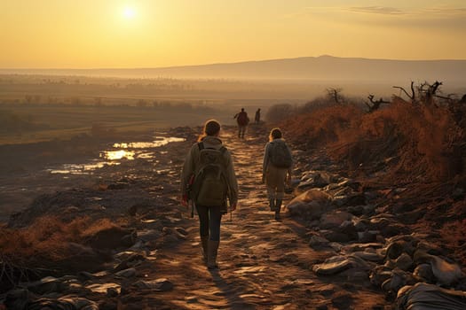 two people walking down a dirt path in the desert at sunset with mountains and hills in the photo is taken from behind