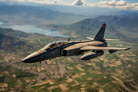 an air force flying in the sky with mountains and fields behind it, as seen from the plane's window